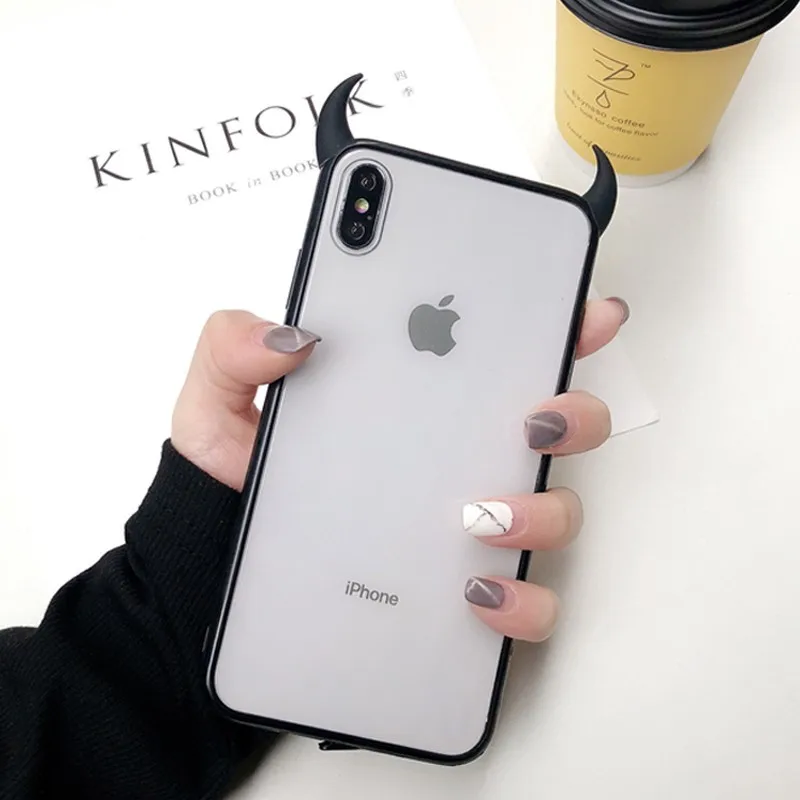 Black 3D роскошный чехол для телефона Devil Horns для iPhone 6 6Plus 6s 6Plus 7 7Plus 8 8Plus X XR XS Max милый черный красный акриловый чехол - Цвет: Black