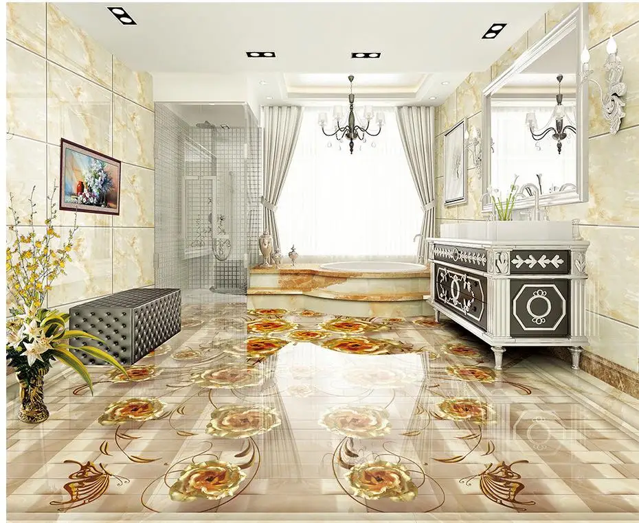 Золотые розовые мраморные 3D напольные ПВХ обои 3d для ванных комнат украшение