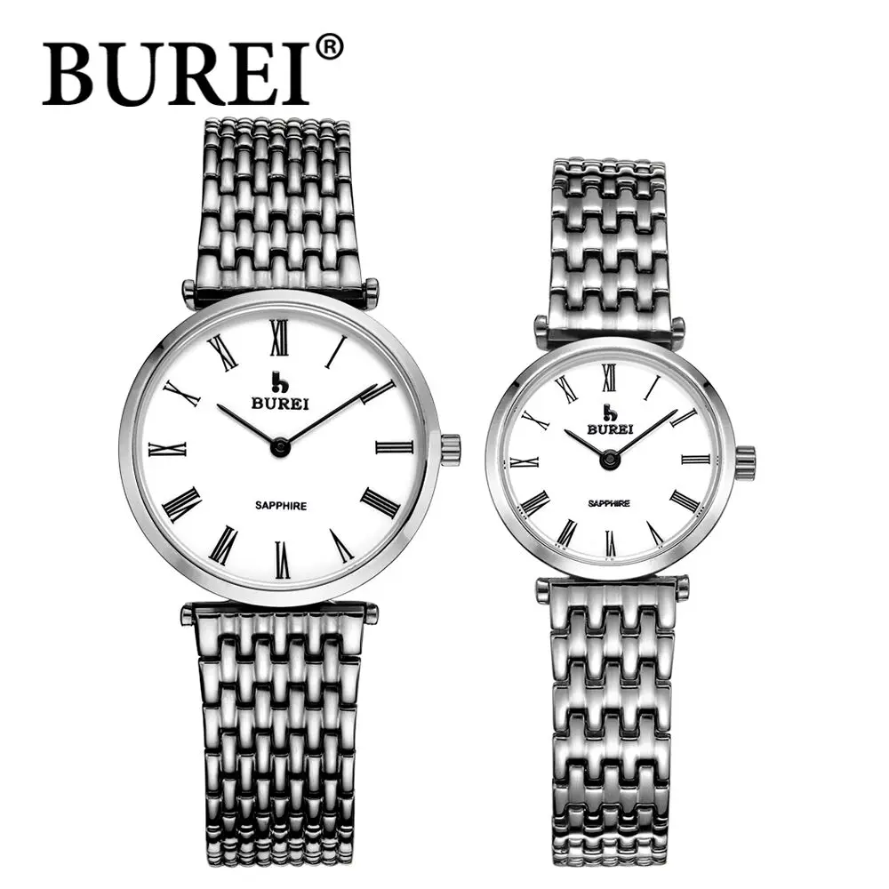 BUREI классическая лента из нержавеющей стали наручные часы пара устойчивостью к