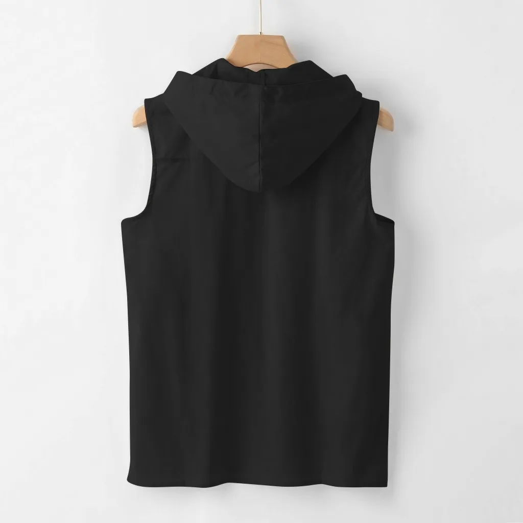 Men's Baggy Cotton Linen Solid Button Beach Sleeveless Hooded Shirt Tank Tops