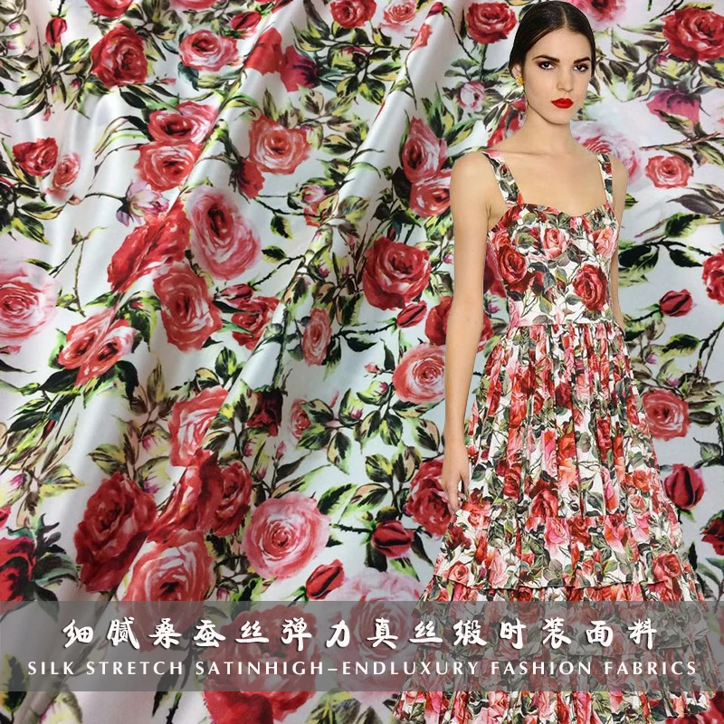 110cm wide 22mm silk &amp spandex red rose print stretch satin fabric for dress shirt clothes cheongsam C018 | Дом и сад
