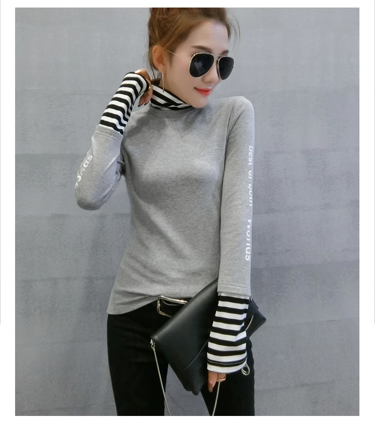 Light gray tshirt Европейская мода, Лоскутная полосатая плотная футболка с брошкой, Осень-зима, Топ с длинным рукавом, одежда, Camiseta Mujer, рубашка T97311 - Цвет: Light gray tshirt