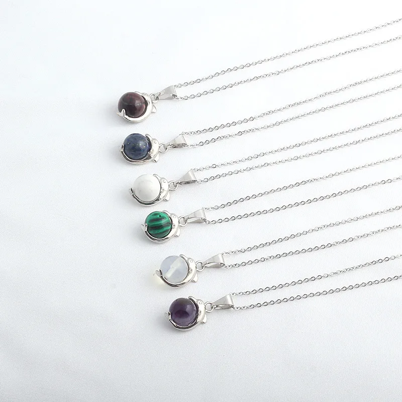 Again Jewel 2019 New Natural Stone Dolphin Women Pendant with Stainless Steel Chain Free shipping Necklace Gi ft | Украшения и