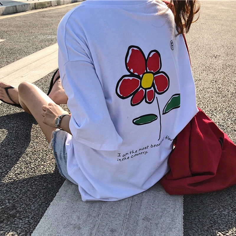 EXOTAO Kawaii футболка с цветочным принтом Женская свободная Harajuku белая женская