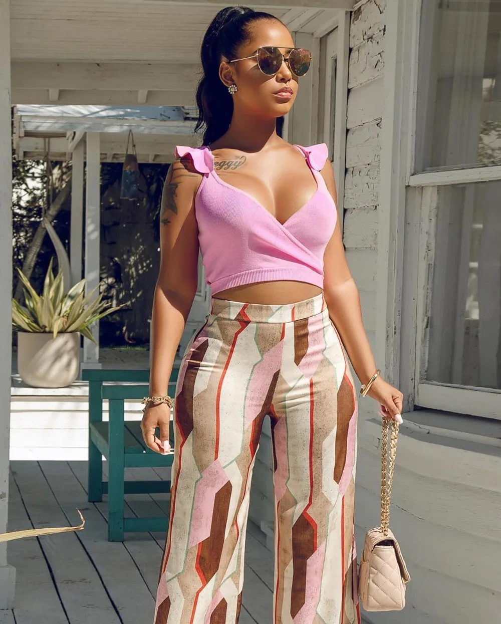 

2019 New Women's fashion sexy Print female two-piece suit