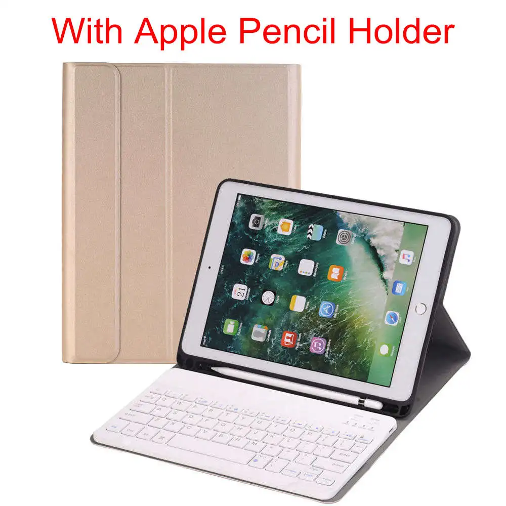 Gold With Holder Для iPad 9,7 /Pro 9,7/iPad Air 1 и 2 ультра тонкий из искусственной кожи чехол+ Съемный Bluetooth русский/Иврит/Испанский клавиатура - Цвет: Gold With Holder