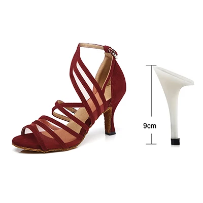 Ladingwu/женская танцевальная обувь; обувь для латинских танцев из фланели и сетки; Танцевальная обувь для сальсы; цвет красный, коричневый, черный; Танцевальные Кроссовки; Обувь для бальных танцев на каблуке 9 см - Цвет: Red 9cm