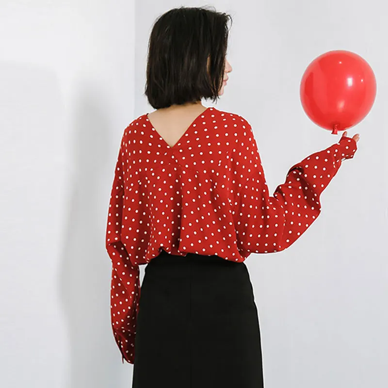 2018 Новая модная женская шифоновая рубашка с длинными рукавами Блузка в горошек