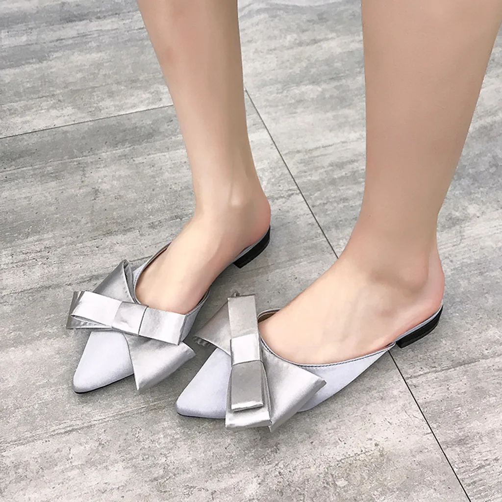 Женские шлепанцы с острым носком на плоской подошве бантом новинка 2019 | Обувь