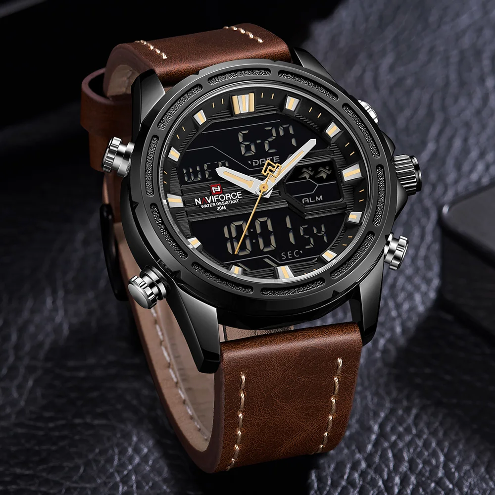 NAVIFORCE 9138 мужские спортивные часы из натуральной кожи светодиодный кварцевые