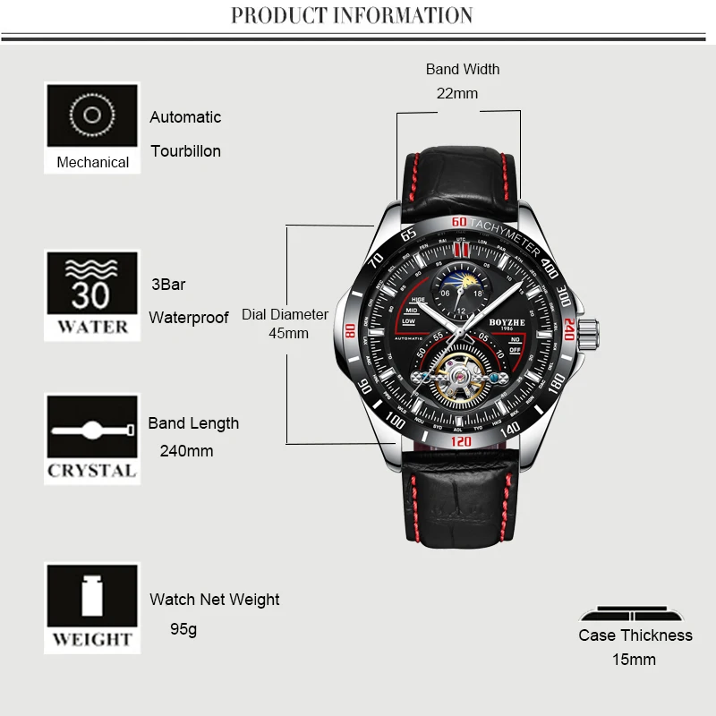 

BOYZHE 2019 New Men Automatic Mechanical Watch Mens Sports Luxury Waterproof Luminous Tourbillon Watches Male Relogio Masculino