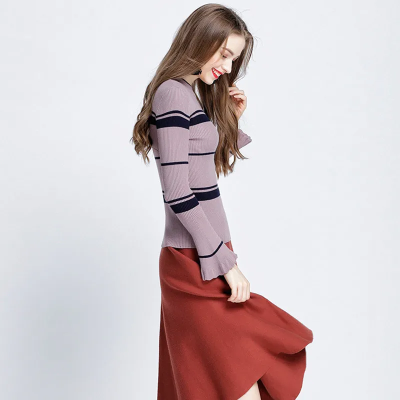 2018 spring new ladies sweater round neck trumpet sleeve long sleeves Korean fashion slim slimming top coat female A8819 | Женская