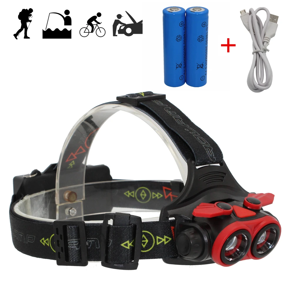USB Rechargeable Headlight Zoom Headlamp LED Head Lamp 2x XM-L T6 LED White Light Flashlight + 18650 Battery + USB Charger tactical flashlight zoom flashlight xm l t6 led adjustable light torch aaa lamp 18650 battery charger