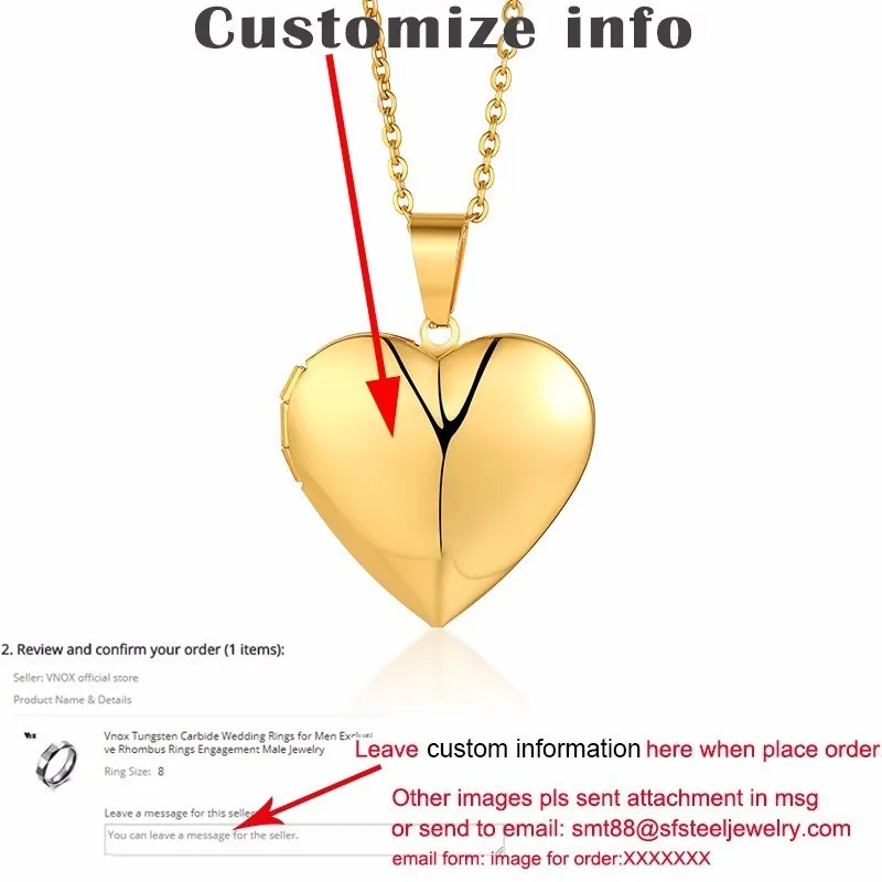Custom Gold Vnox, персонализированный медальон в форме сердца, кулон для женщин и мужчин, фоторамка, ожерелья из нержавеющей стали, всегда в моем сердце, уникальный подарок на заказ - Окраска металла: Custom Gold