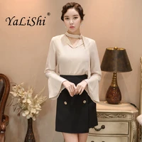 2 piece set women suit ol set 2018 solid flare sleeve chiffon blouse shirt tops and mini black skirts business two piece set