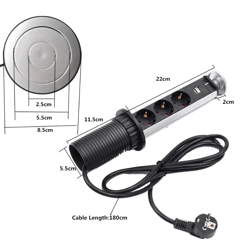 

220V 16A Electrical 3 Plug Socket 2 USB Outlet PULL POP UP Kitchen Table Socket Retractable for Countertops Worktop UK/EU/US