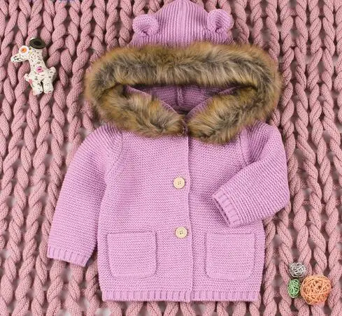 82W463 Light purple Зимний теплый свитер для новорожденных, вязаный кардиган серого цвета со съемным меховым капюшоном для маленьких мальчиков и девочек, осенняя верхняя одежда, вязаная одежда для детей 0-24 месяцев - Цвет: 82W463 Light purple