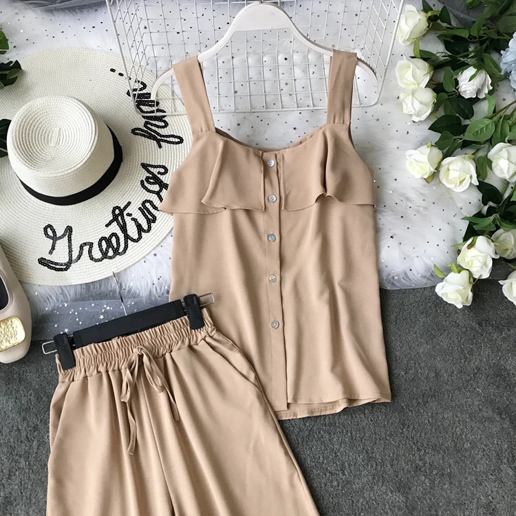 ALPHALMODA/ летний однобортный Топ с оборками+ широкие брюки, Женский повседневный комплект из 2 предметов, женские летние однотонные штаны, костюмы