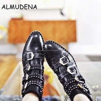 cool style women rome style studs embellished ankle boots black leather round toe metal buckle strap motorcycle boots