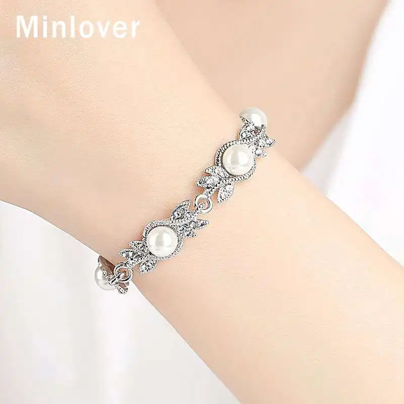 Minlover Elegant Simulation Pearl Flower Bracelet for Women Austrian Crystal Silver Color Bracelets Wedding Jewelry 2019 MSL197 | Украшения
