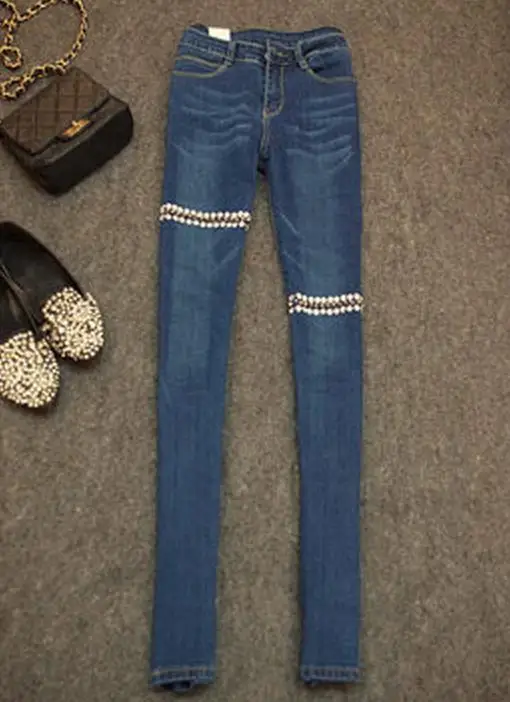 Новые Женские джинсы карандаш с бриллиантовыми заклепками брюки женские длинные