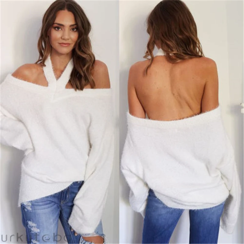 Женский свитер с длинными рукавами и открытой спиной вязаный Топ блузка новинка