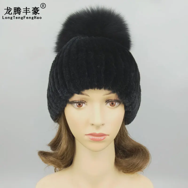Для женщин Настоящий мех кролика Шапки Женские Твердые ботинки с длинным лисьим