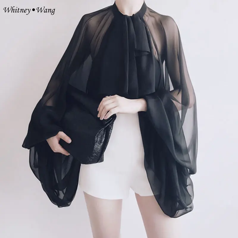 Женская блузка WHITNEY WANG прозрачная шифоновая с рукавом фонариком офисная для