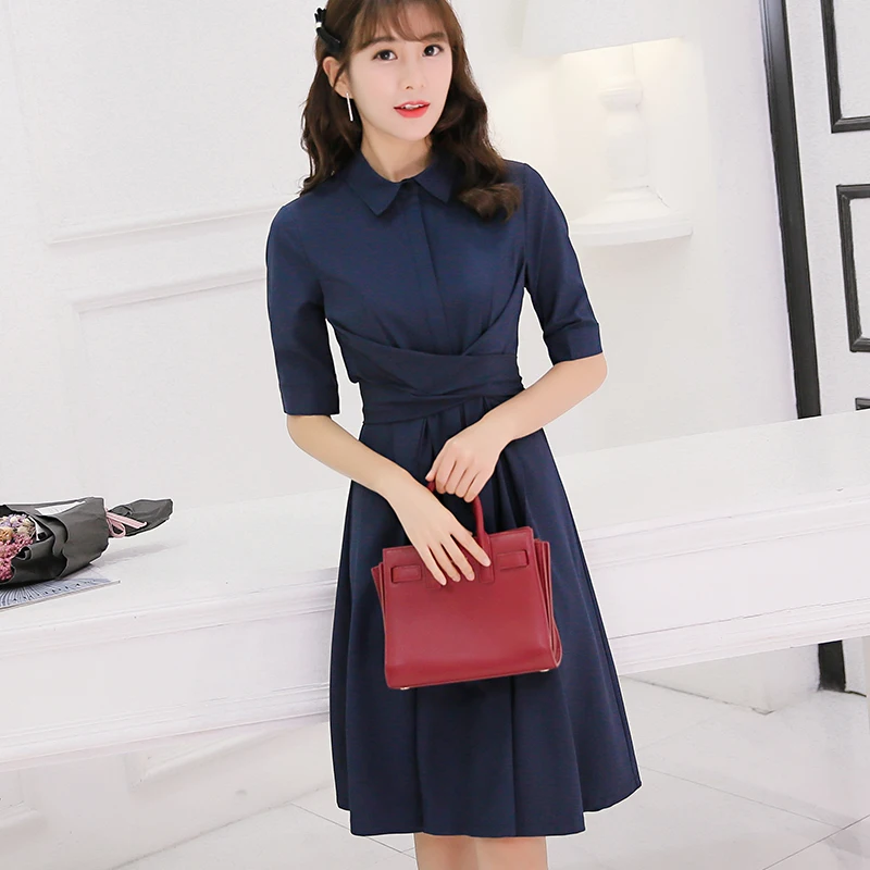 Bersun Spring Summer 2017 The New Korean Solid Color Casual Office Dress Short Sleeve Stitching Blue | Женская одежда