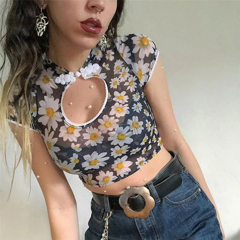 T-Shirt Women's Perspective Print Short Sleeve Chinese Style Hollow Out Tee Tops Sexy Mesh Transparent Cropped Shirt | Женская