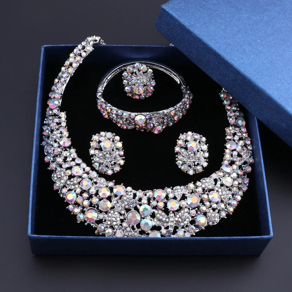 

OEOEOS Nigerian Wedding African Beads Zinc Alloy Jewelry Sets Dubai Jewelry Sets Silver Color Necklace Bracelet Earrings Ring