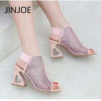 jinjoe 2018 new style shoes woman fish mouth rome elastic band high heeled shoes heteromorphic heel heart shaped heel pumps