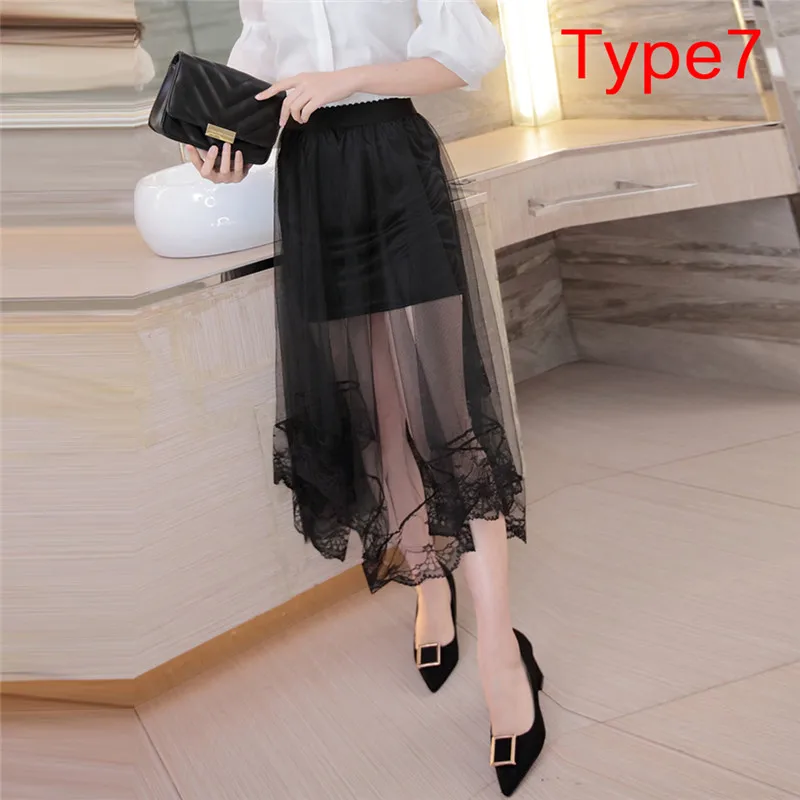 

7 Styles Women Lace Dot Lattice Mesh Summer Long Skirt Voile Casual Skirts High Waist Sexy Transparent Maxi Skirt Black