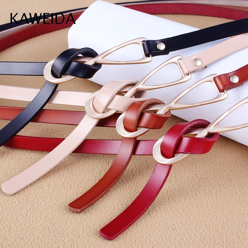 

KAWEIDA Fashion Women's Cowskin Genuine Split Leather Thin Belts Female Gold Tie Buckle Ladies Waist Belt for Dresses Waistband