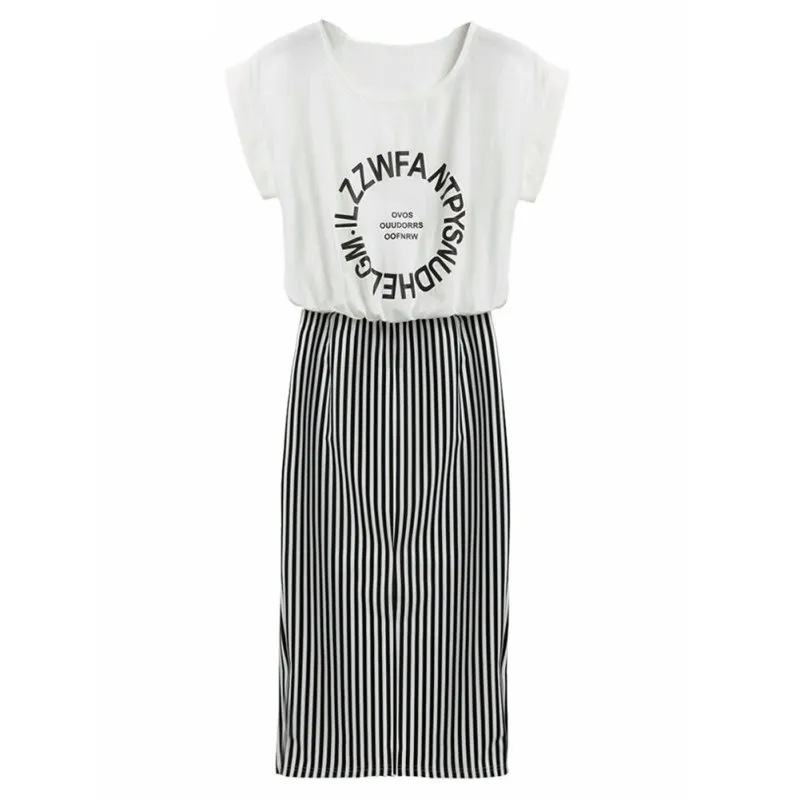 

2019 Summer Women 2 in 1 One-piece Letter Print Striped Blouse Dress Midi Short Sleeve Bodycon Long Dress Plus Size