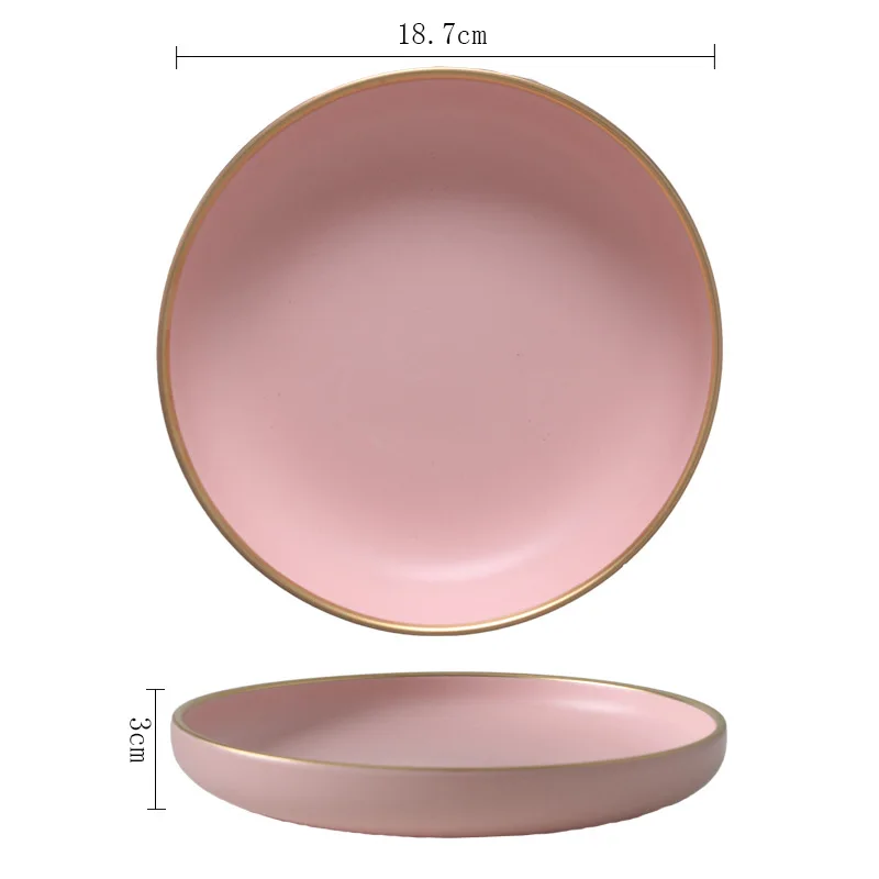 7.5 Inch Low Plate Твердый розовый керамический лист золотой край живопись фарфоровая чаша тарелка ложка посуда набор Западная разделочная доска тарелки для закуски тарелка - Цвет: 7.5 Inch Low Plate