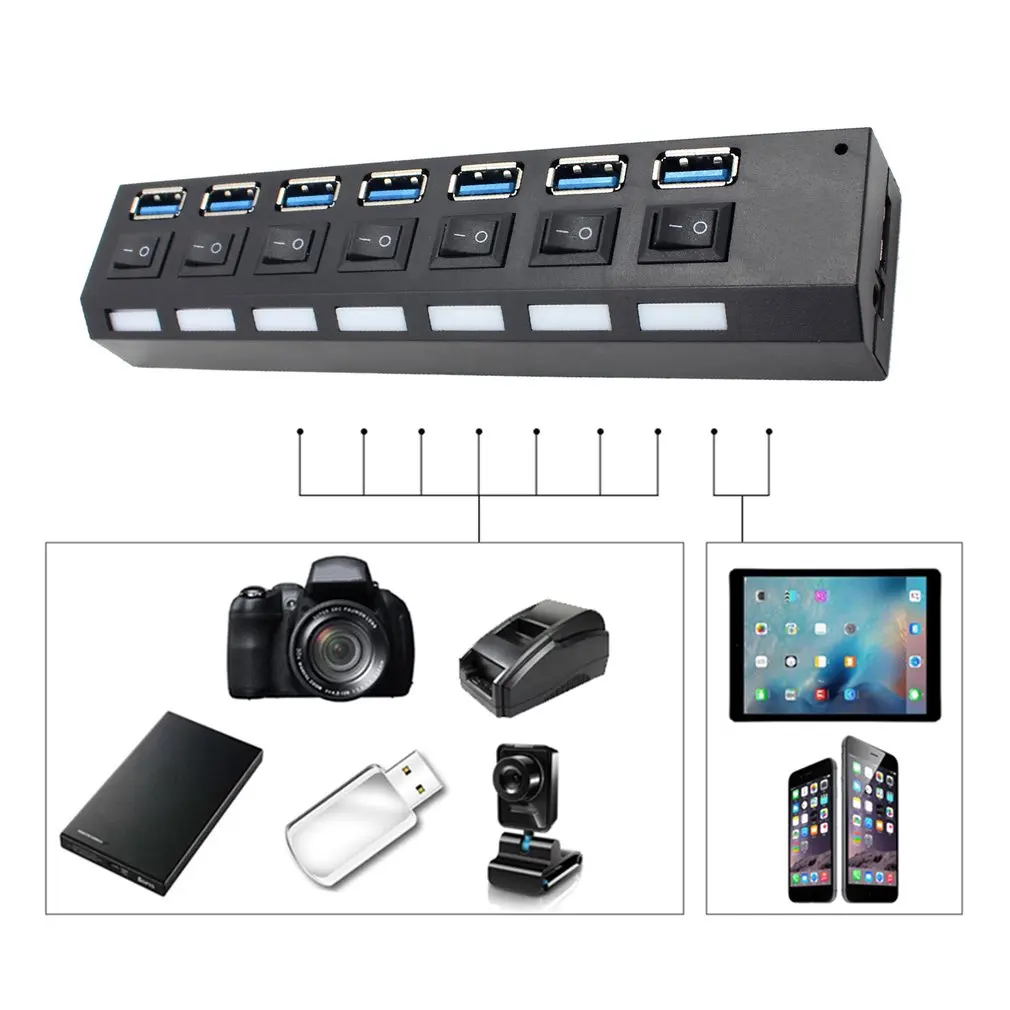 USB 3,0 высокоскоростной концентратор с раздельными семью портами компактный легкий адаптер питания концентратор с питанием