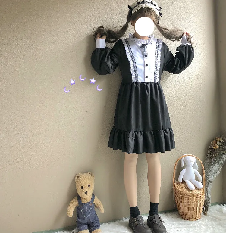 Для женщин платья для Винтаж Дамы Kawaii Ulzzang цвет блок с длинным рукавом милое