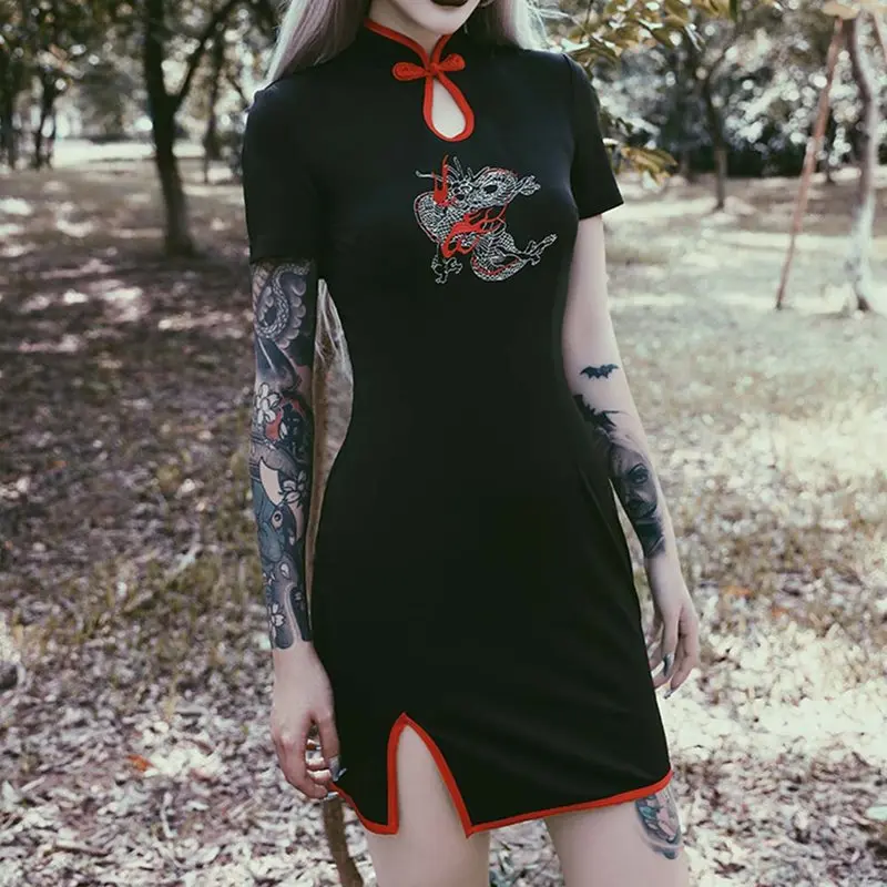 Панк сексуальные Клубные элегантные черные готические Cheongsam летние женские мини