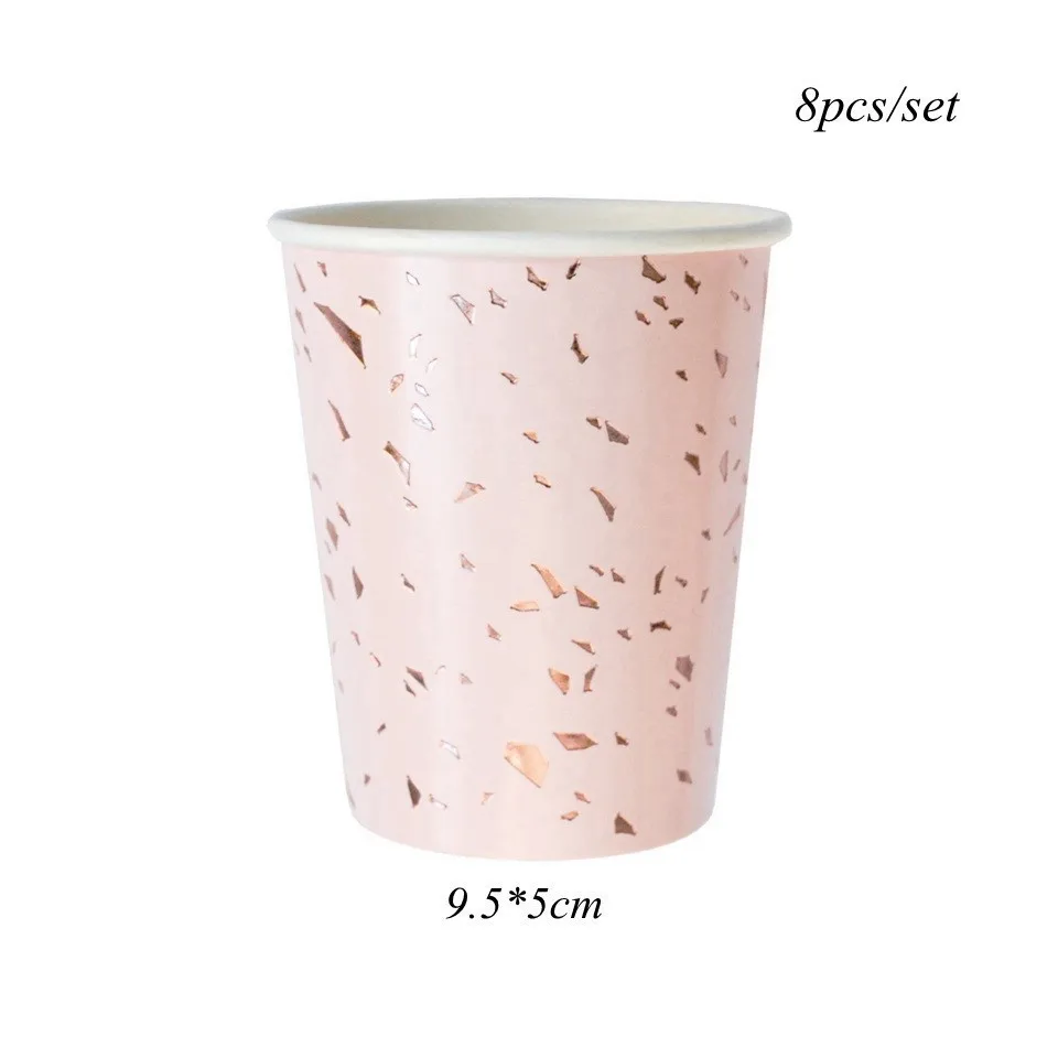 8pcs pink cups 1 Набор зеленые розовые Позолоченные чернила одноразовая посуда бумажные тарелки/салфетка декор стола для свадьбы посуда для вечеринки в честь Дня Рождения принадлежности - Цвет: 8pcs pink cups