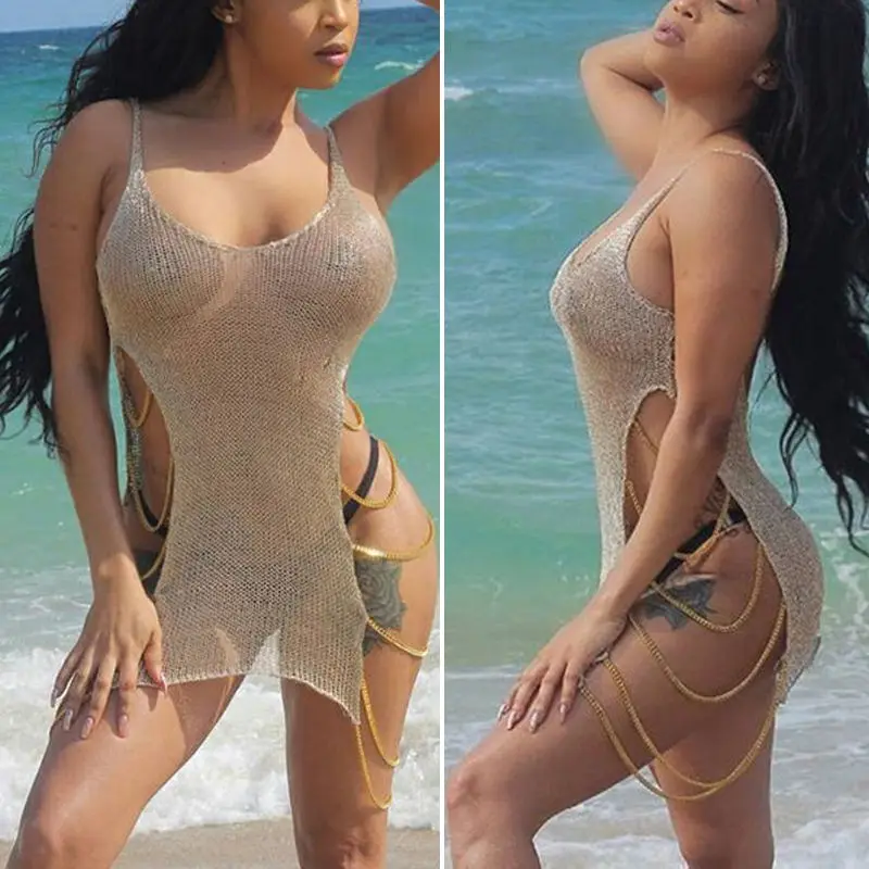 ITFABS летнее женское пляжное платье без спинки сексуальное Золотое ажурное бикини