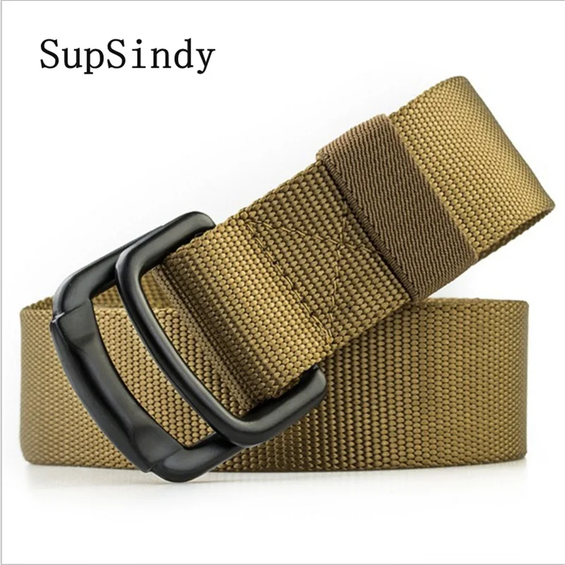 SupSindy men's canvas belt metal buckle Double ring nylon military belt Army tactical belts for Men top quality Male strap black