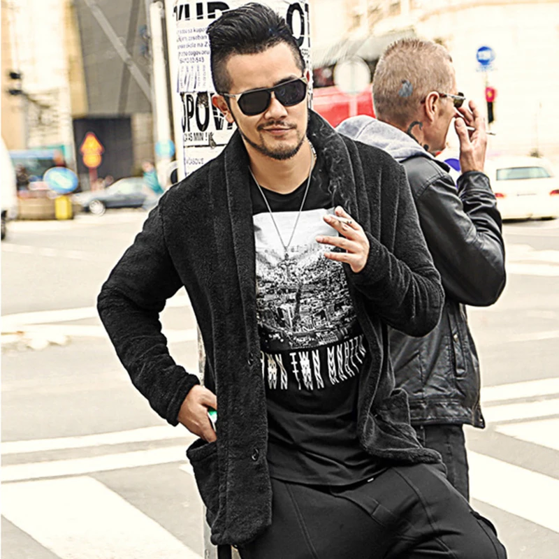 Men new arrival winter black Cardigan Jacket warm plush furry slim European style coat metrosexual man Plush cardigan suit |