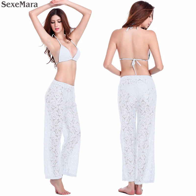 

SexeMara Brand Hot Sales Sexy Women's Beach wear 2019 Leisure Loose Style Adjustable Waist tie Floral Sexy Long Lace Beach Pant