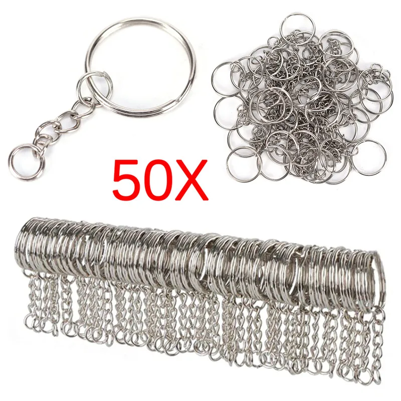 

50pcs Polished Silver Color Keyring Keychain Split Ring with Short Chain Key Rings Women Men DIY Key Chains Accessories