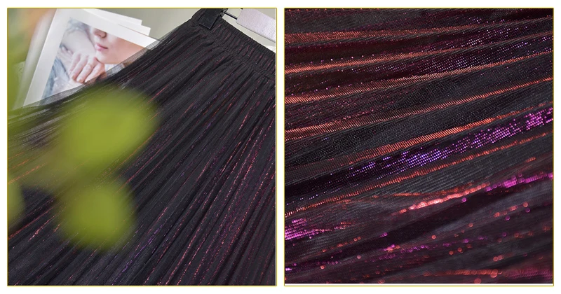 Women's 3 Layer Bright Tulle Skirt Ladies Korean High Waist Shining Tutu Skirt Pleated Mesh Midi Skirts Faldas Autumn