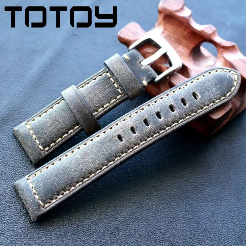 TOTOY ручной работы серый кожаный Ремешки для наручных часов, 20 мм 22 мм Открытый военные часы Ретро телячья кожа ремешок, грубая ветер ремень
