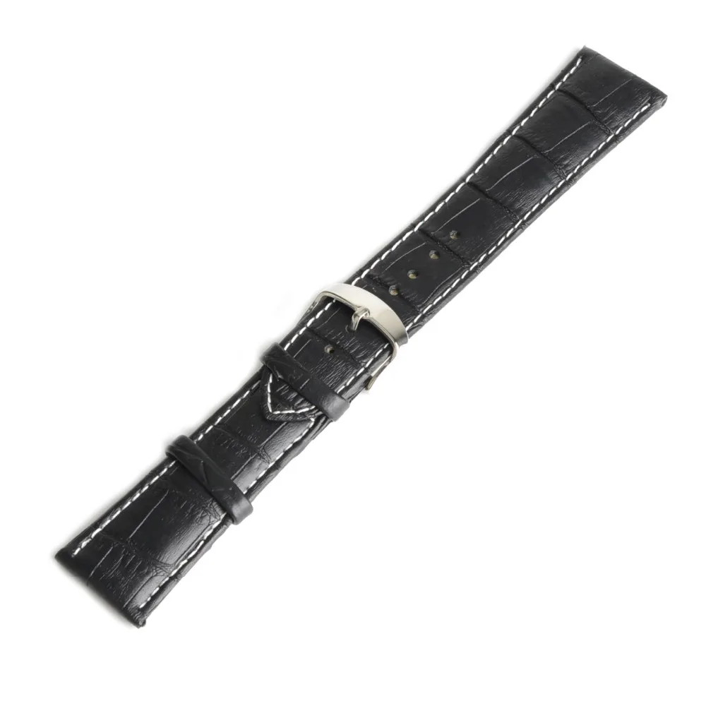

18mm Durable Black Genuine Leather Watch Band Strap Alloy Buckle White Stitching Watchband SB0477