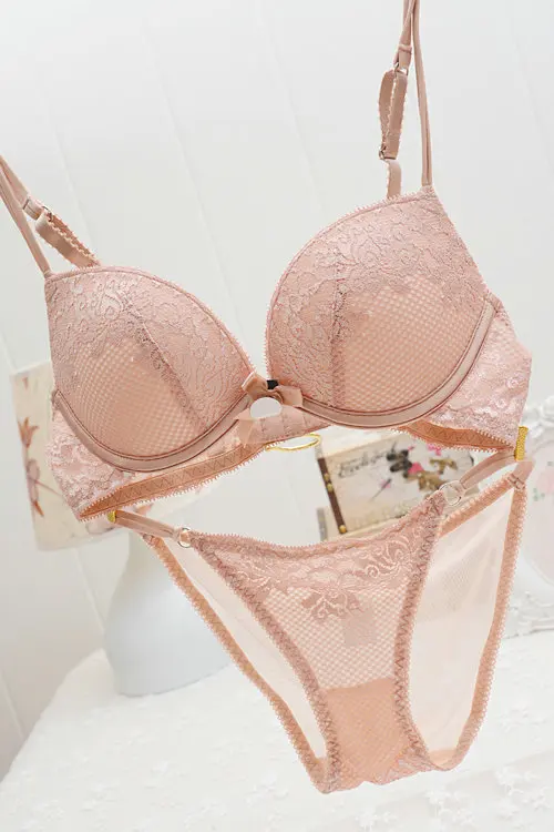 S56 модные удобные цветочный Кружево бантом Push Up Bra и Трусики для женщин комплект Для женщин пикантные Нижнее Бельё для девочек белье - Цвет: nude