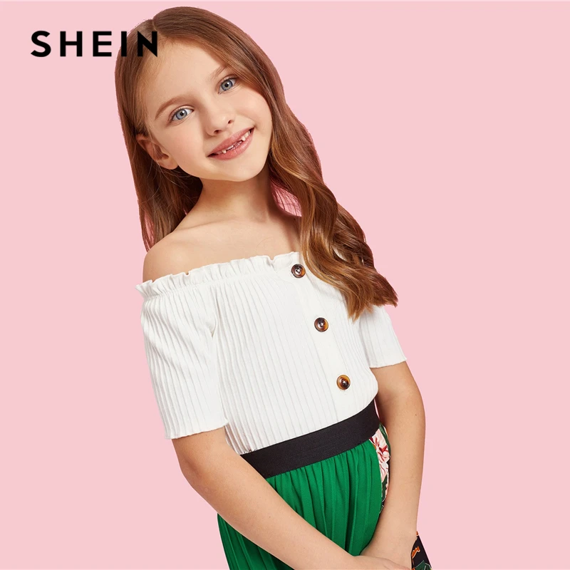 SHEIN Kiddie белая пуговица спереди жабо ребристая вязка элегантные футболки топы для девочек г. Летние укороченные детские повседневные футболки с короткими рукавами